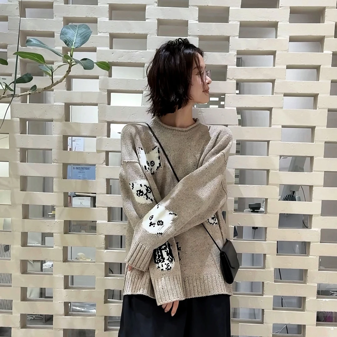 DE Mincollection猫咪毛衣/男女同款提花芝麻点卷边羊毛毛衣40127