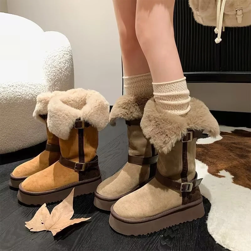 2025秋冬款毛绒高筒厚底雪地靴女冬季新款两穿加绒保暖烟筒靴棉鞋