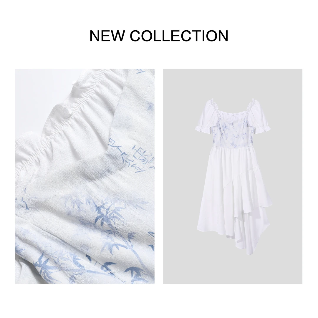 【香香严选】L5F26192 蓝竹印花方领泡泡袖不规则长裙-1295