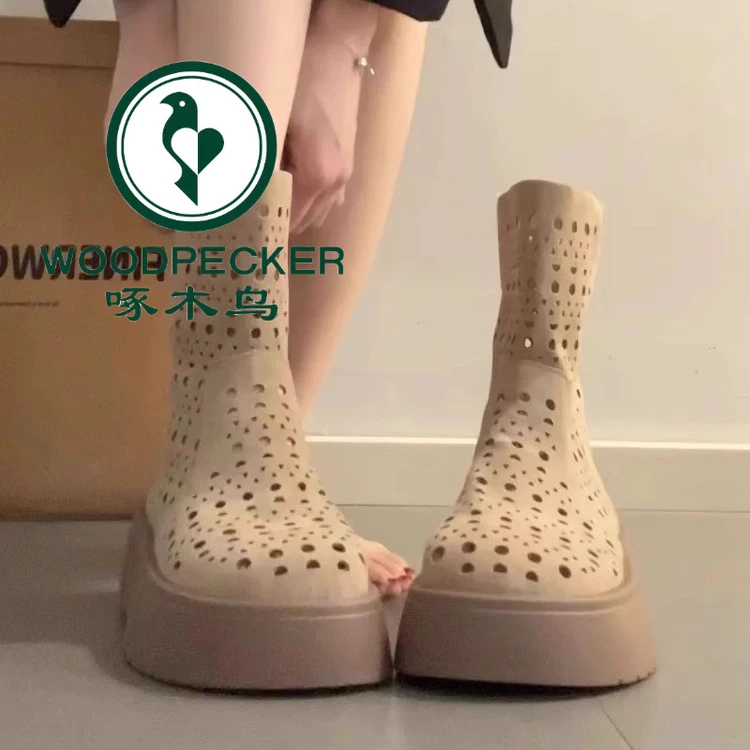啄木鸟厚底增高6cm薄款镂空网靴女夏新款凉鞋百搭平底洞洞凉靴子