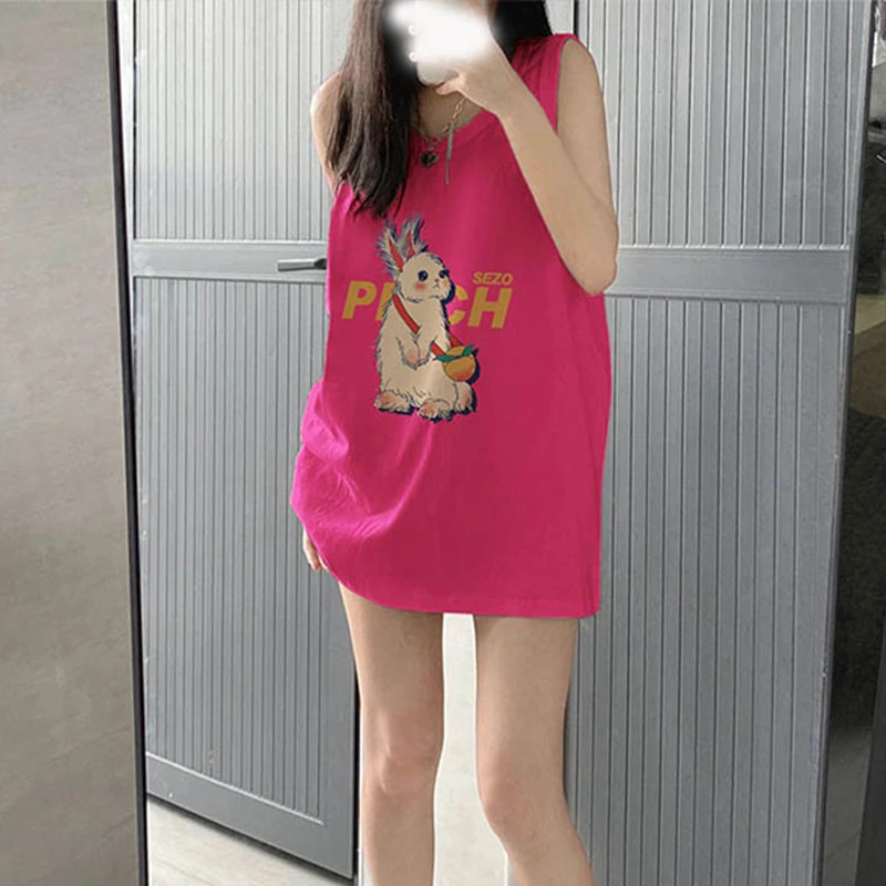 小众别致火龙果色纯棉无袖T恤女外穿夏季宽松运动坎肩背心上衣潮