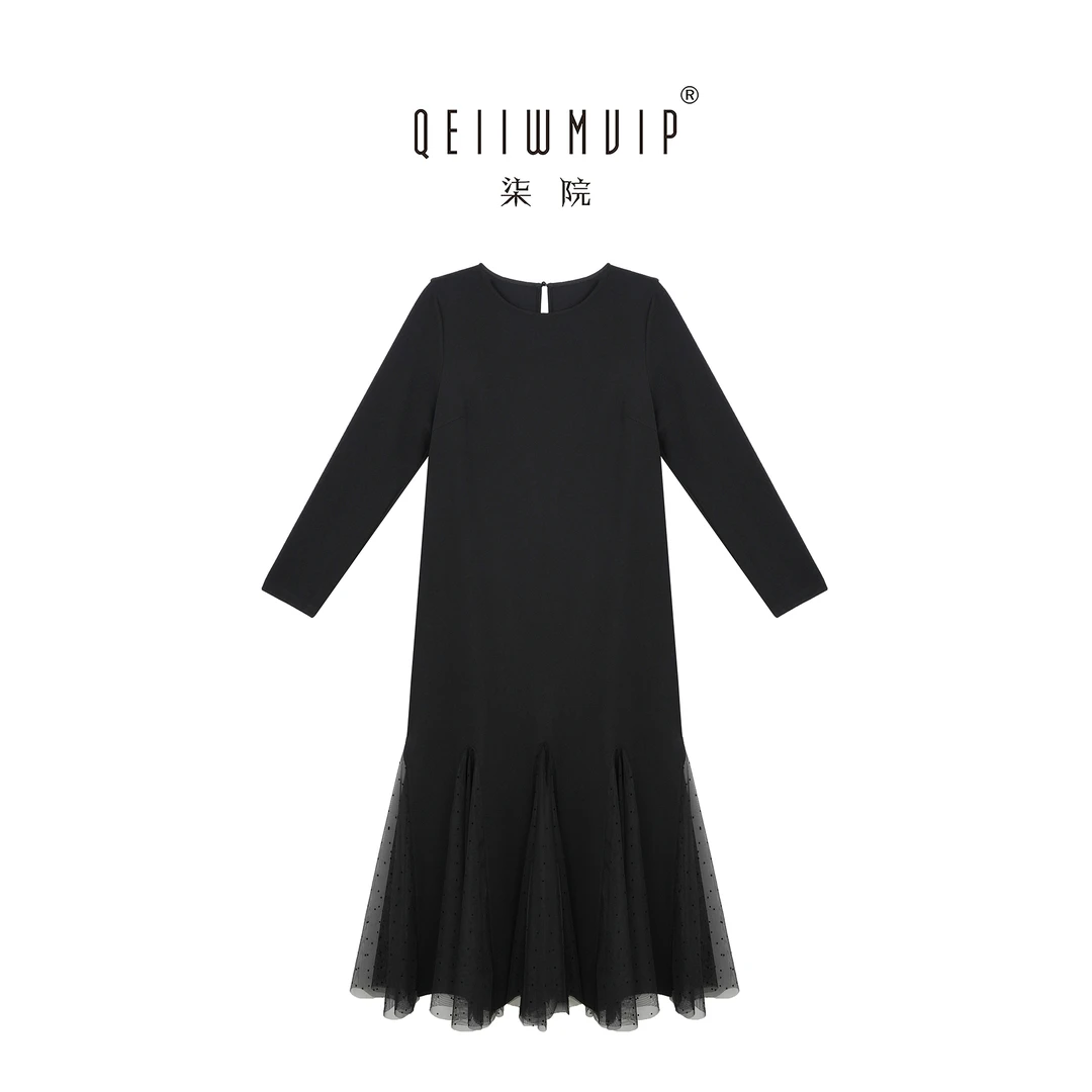 QEIIWMVIP/柒院秋季法式洋气显瘦遮肚网纱拼接设计连衣裙7103