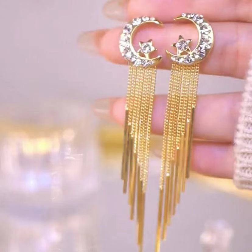 铜合金耳饰 气质女神A0064长款星月流苏耳环高级大气显脸瘦耳饰