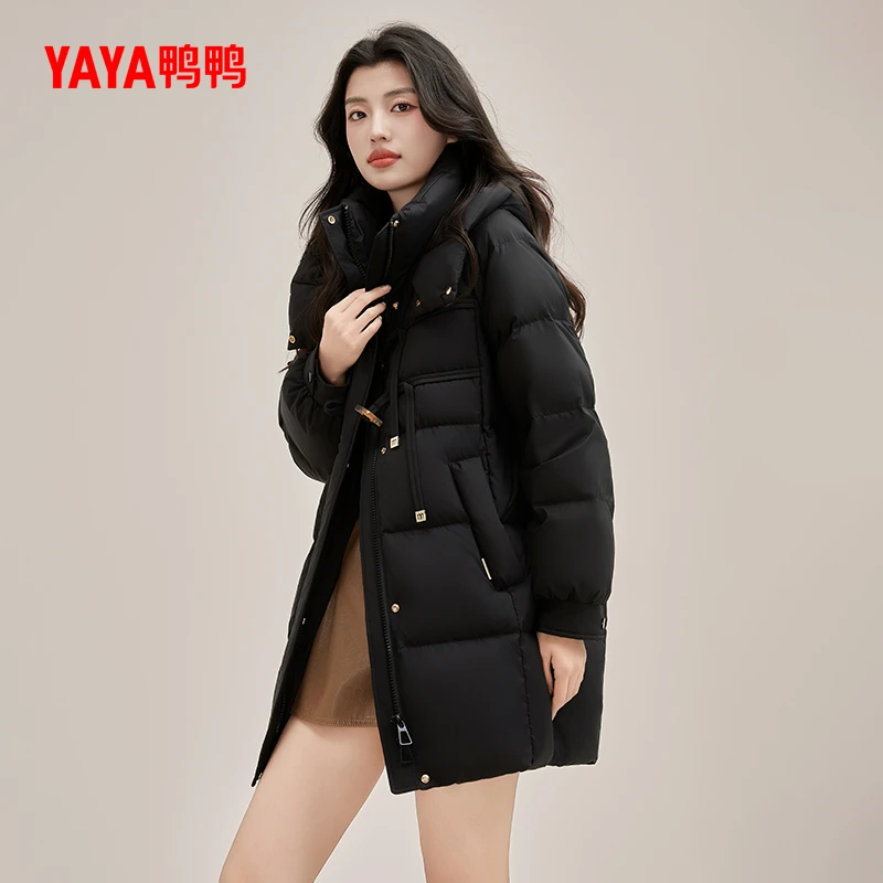 YAYA/鸭鸭羽绒服女2025冬季新品中长款连帽时尚休闲加厚24Y075