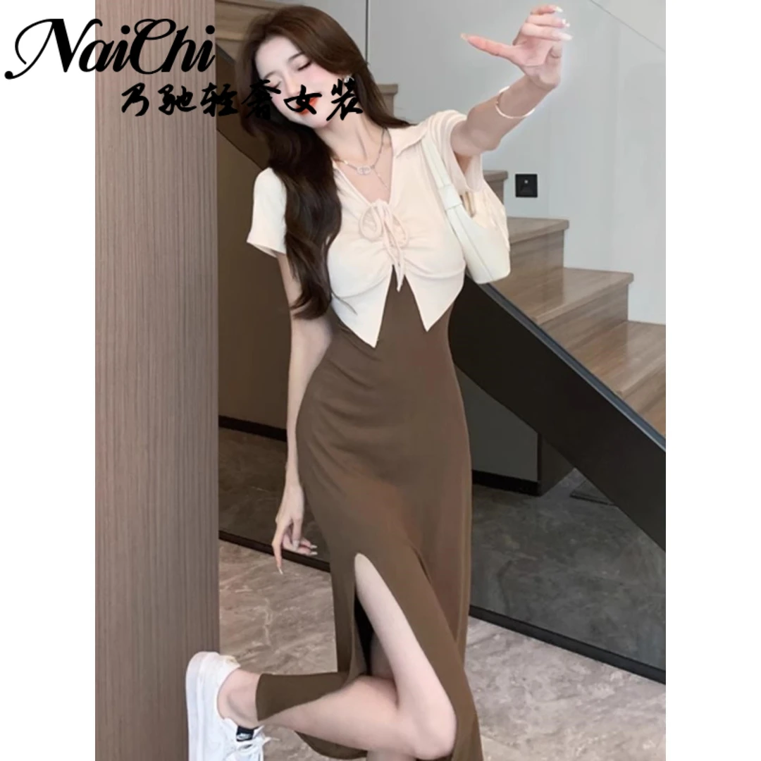 法式辣妹假两件短袖连衣裙女夏季系带Polo领性感开叉中长款包臀裙