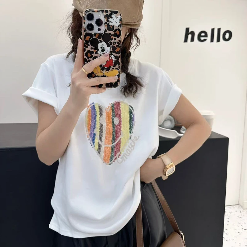 彩虹爱心刺绣印花短袖t恤2025夏季宽松新设计感休闲上衣T恤 2560