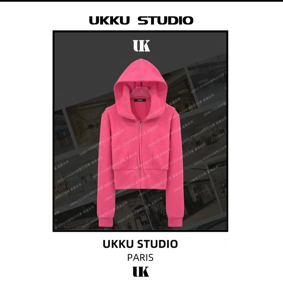 香512967【UKKUSTUDIO】早秋网红修身玫红色气质显白重磅连帽卫衣