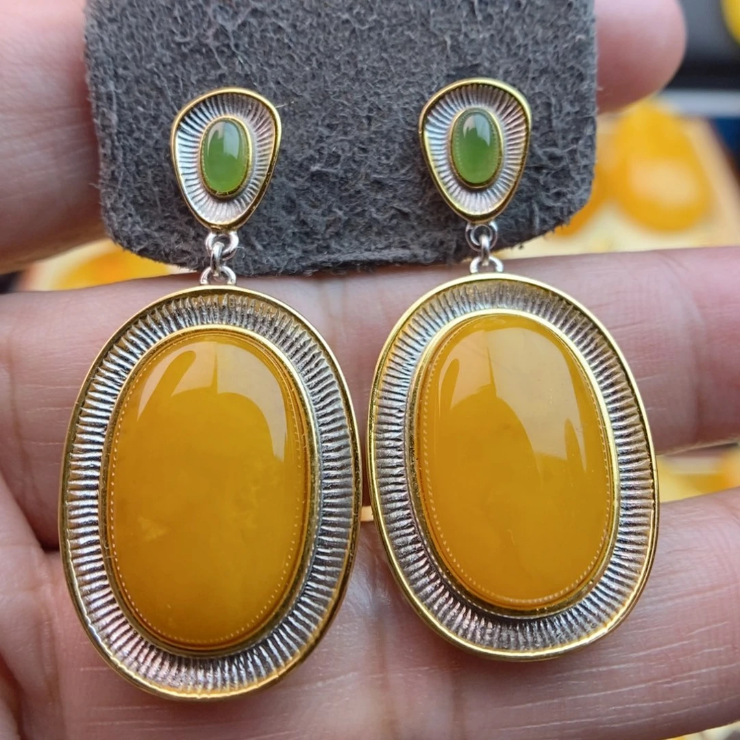 银S925镀金镶嵌琥珀耳饰