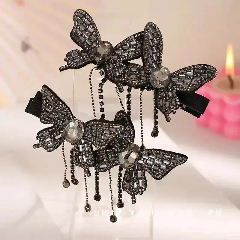 精致轻奢闪亮流苏蝴蝶发夹水钻侧边夹鸭嘴夹高级感头饰一字发卡H3