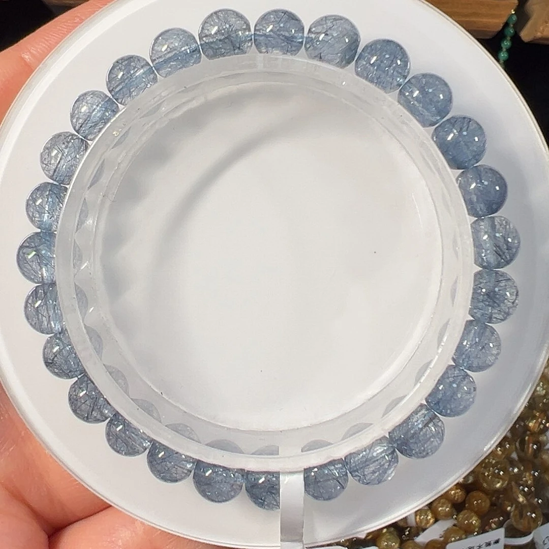 水晶手链未镶嵌巴西蓝钢丝6.8mm高品透体单圈手串