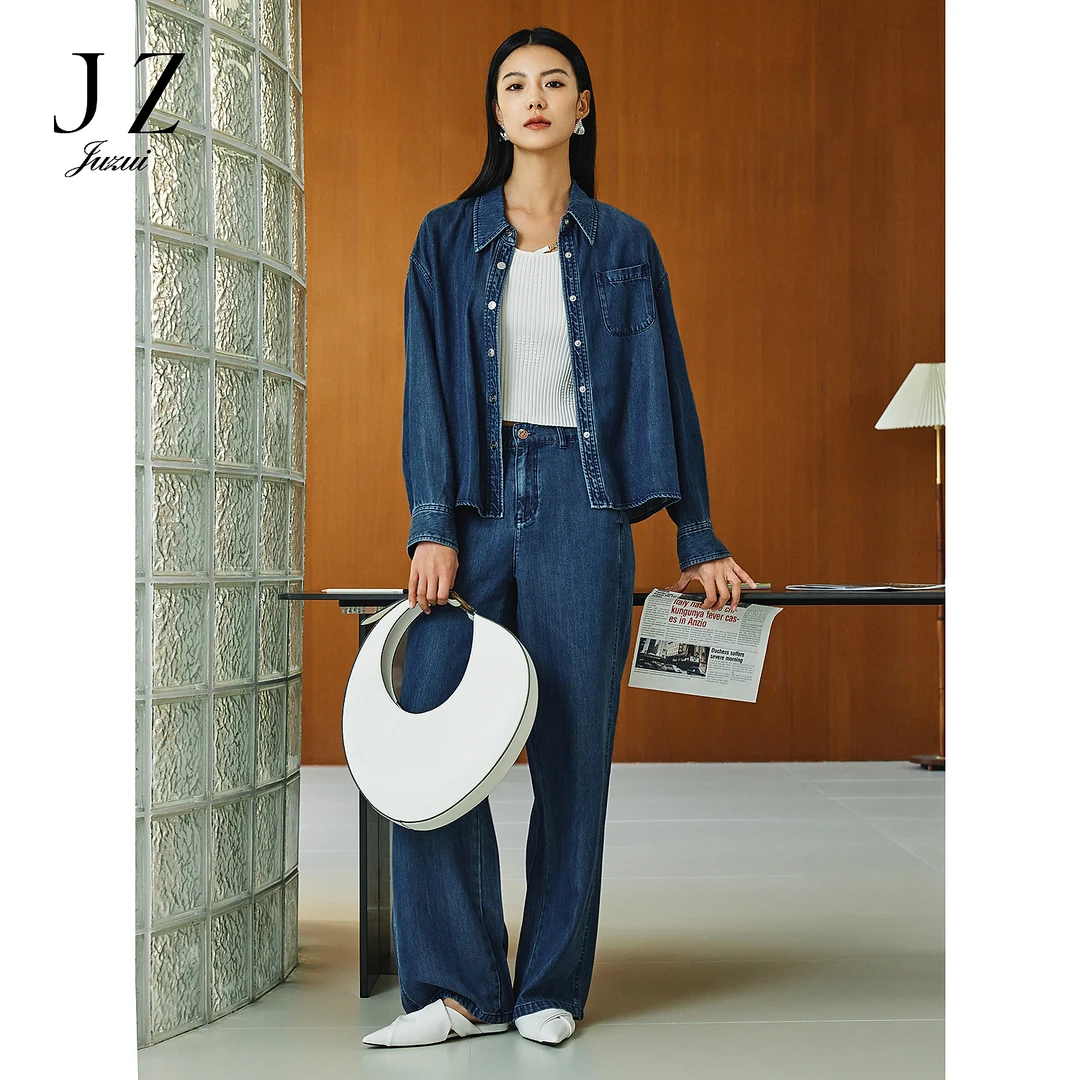 【小余专属】JZ玖姿JWFC12107商场同款休闲莱赛尔阔腿牛仔裤女春