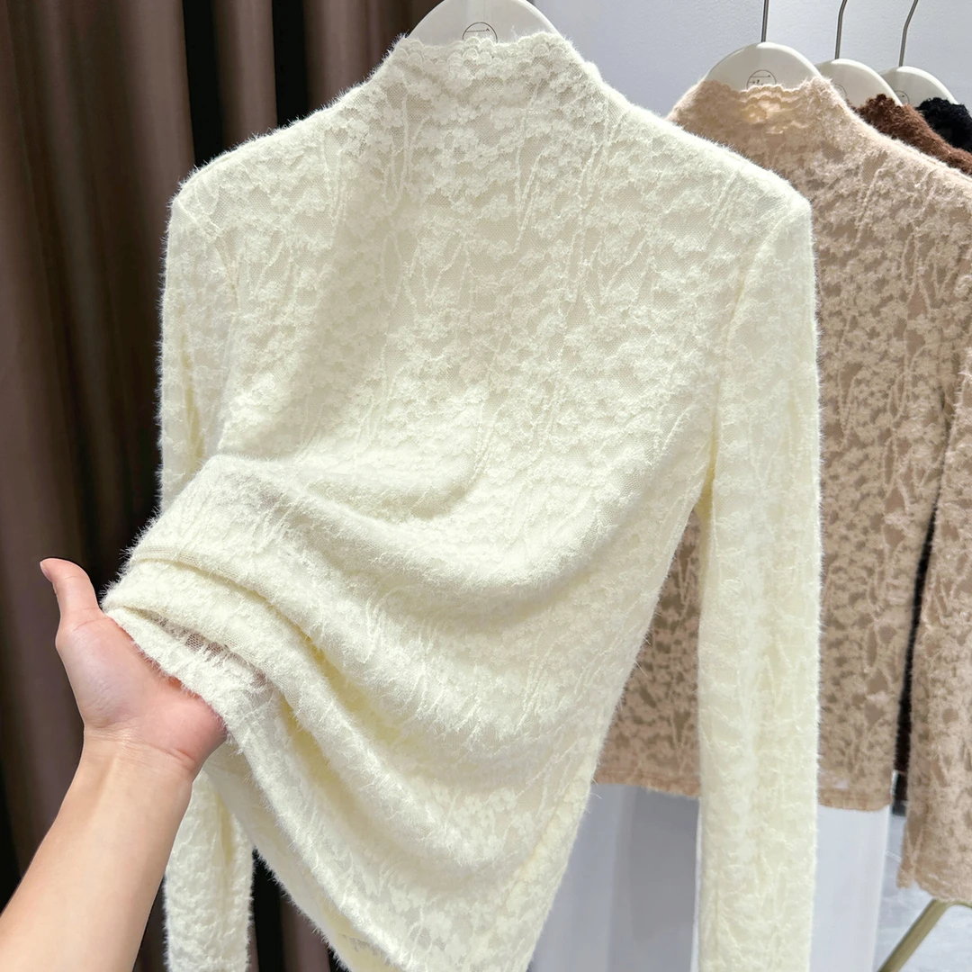 杏色半高领加绒蕾丝修身上衣秋冬新款勾花长袖加厚网纱打底衫内搭