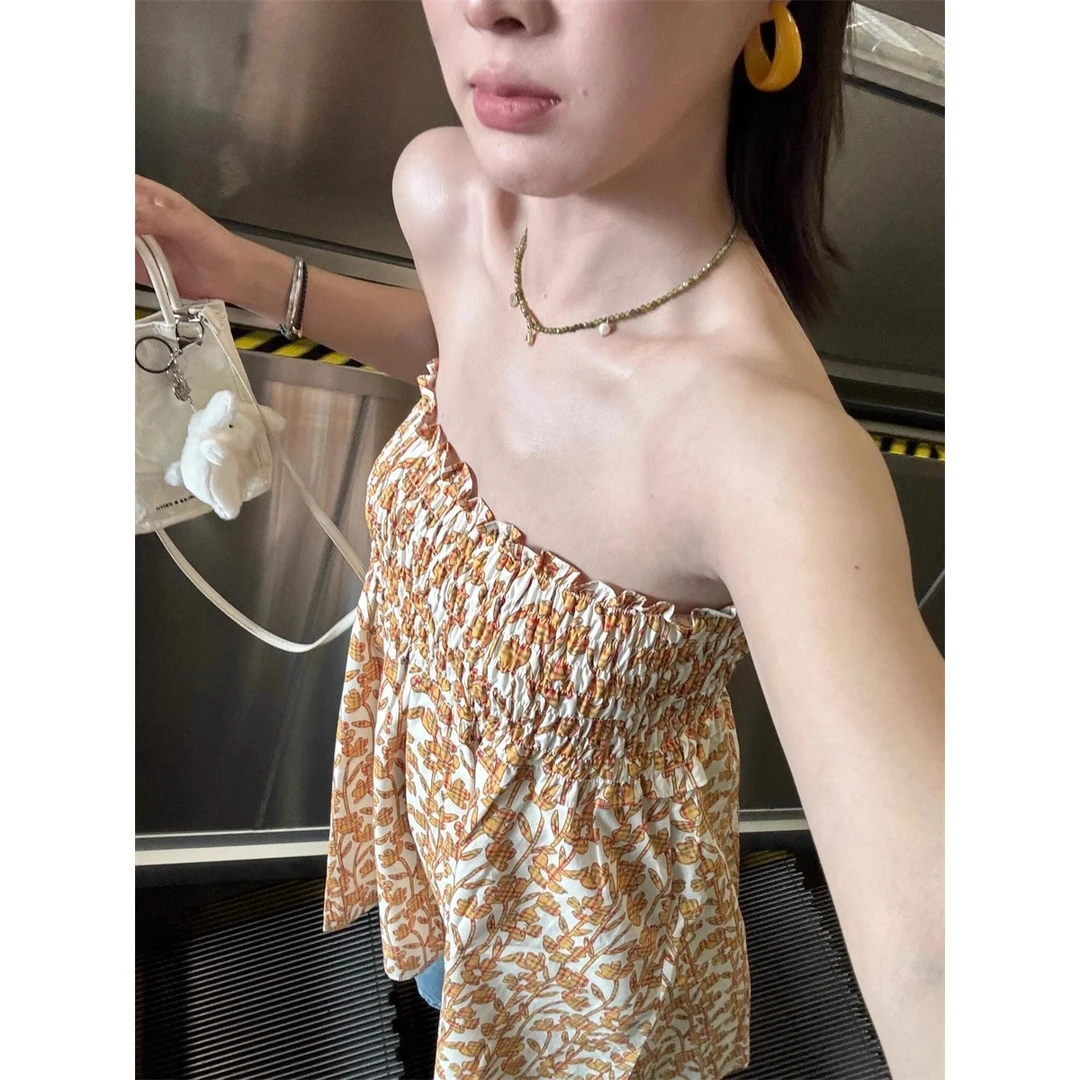 法式复古碎花短款抹胸半身裙两穿女1小不规则半身短裙夏季