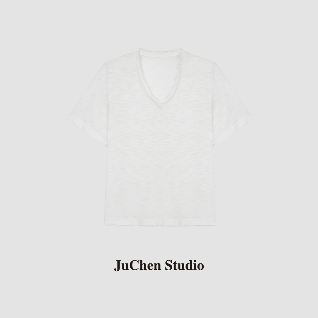 LIBOSHU“睫毛蕾丝”法式肌理感蕾丝拼接显瘦V领短袖T恤 SS033955