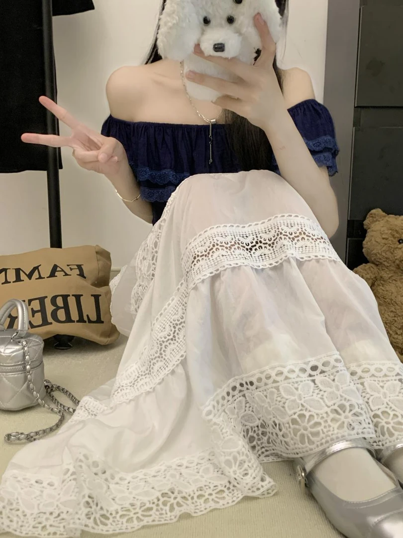 重工经典蕾丝立体花边拼接白色半身裙女生韩系ins衣服高腰旅行