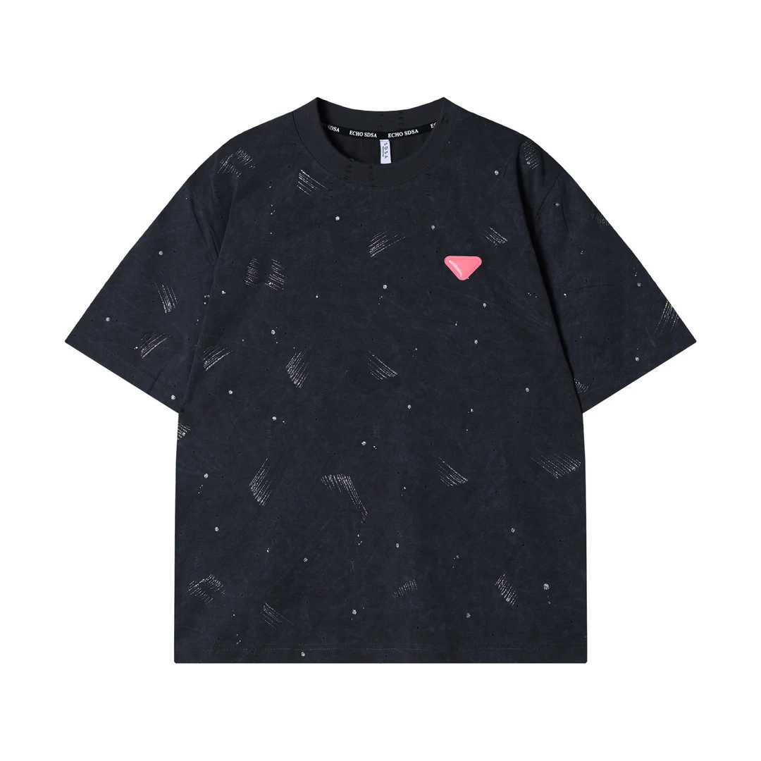 春夏新款时尚个性扎染磨破圆领倒三角短袖上衣潮流轻奢套头上衣