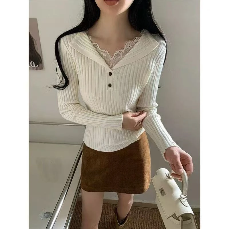 【FANFAN】韩系秋冬V领蕾丝拼接纯欲风打底毛衣显瘦高级感针织上衣