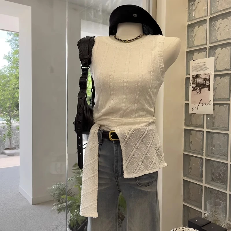 韩系chic别致不规则绑带白色背心女夏外穿设计感辣妹修身无袖上衣