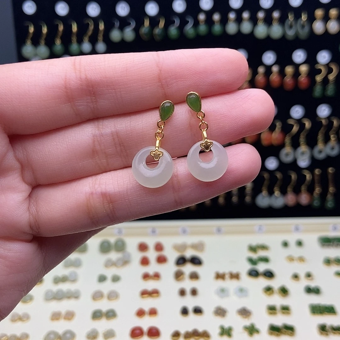 和田玉银S925镀金镶嵌耳饰