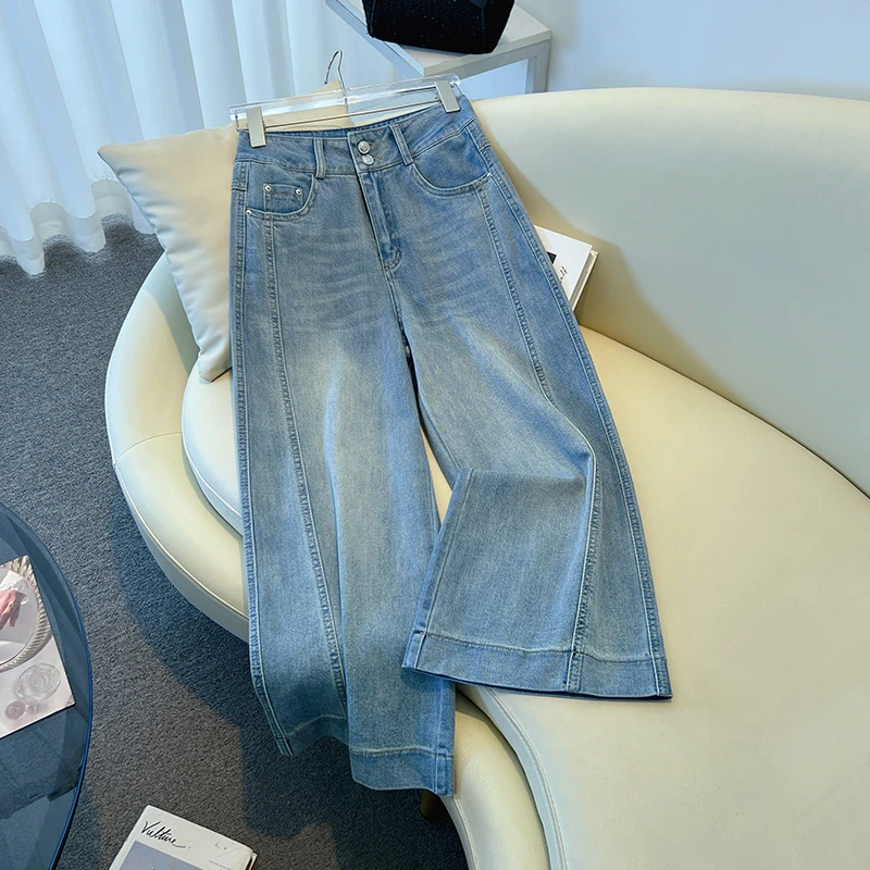 拉夏贝尔时尚阔腿牛仔裤女夏季2025新款高腰显瘦小个子九分直筒裤