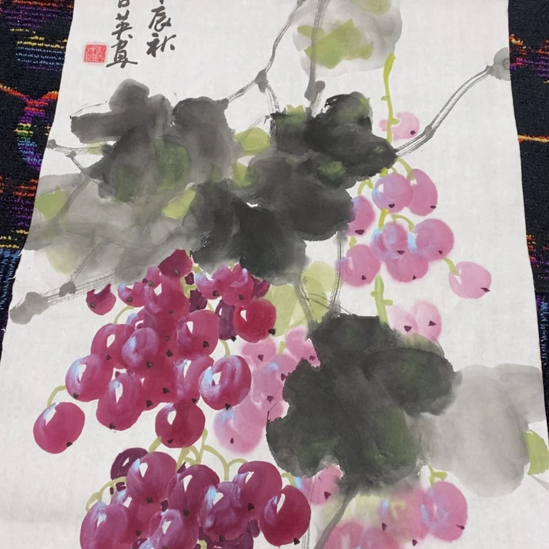 国画刘占英四尺三开花鸟作品朱