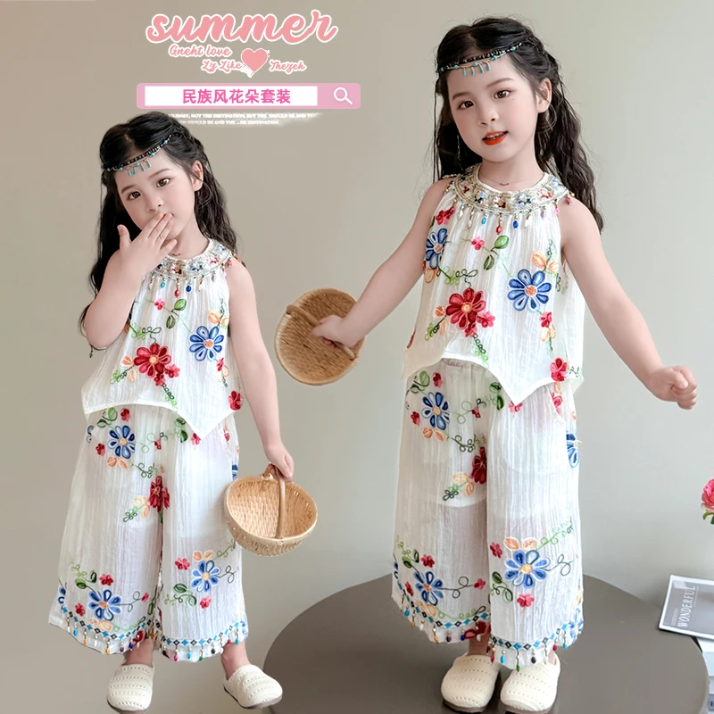 女童波西米亚风露肩套装夏季2025新款儿童背心阔腿裤民族风两件套