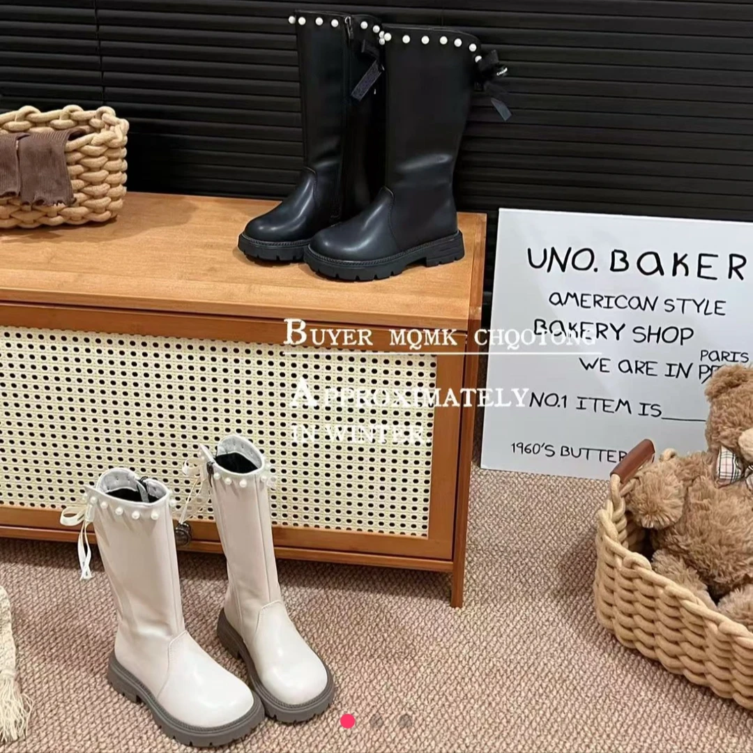 新款二棉珍珠蝴蝶结女孩公主长靴纯色潮款儿童高筒靴女童童靴5807