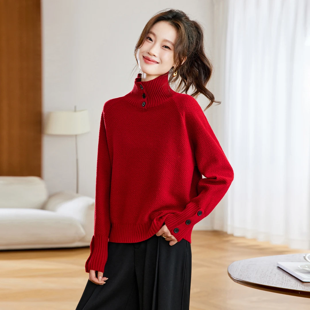 时尚品牌2026新款立领新年本命红针织衫百搭羊毛衫内搭毛衣