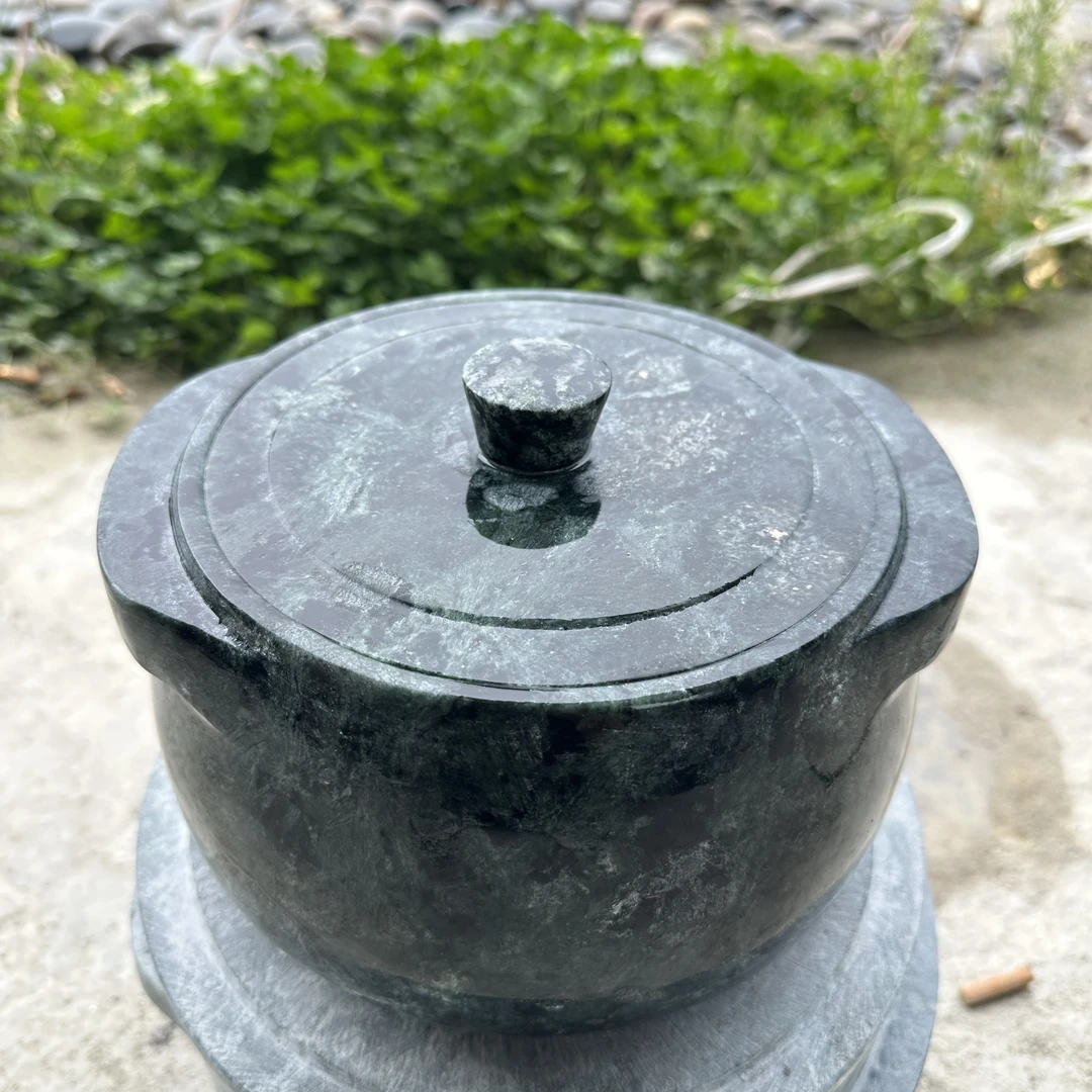 西藏墨脱邦辛乡天然皂石半手工石锅【精工帝王绿元宝锅】2.2L