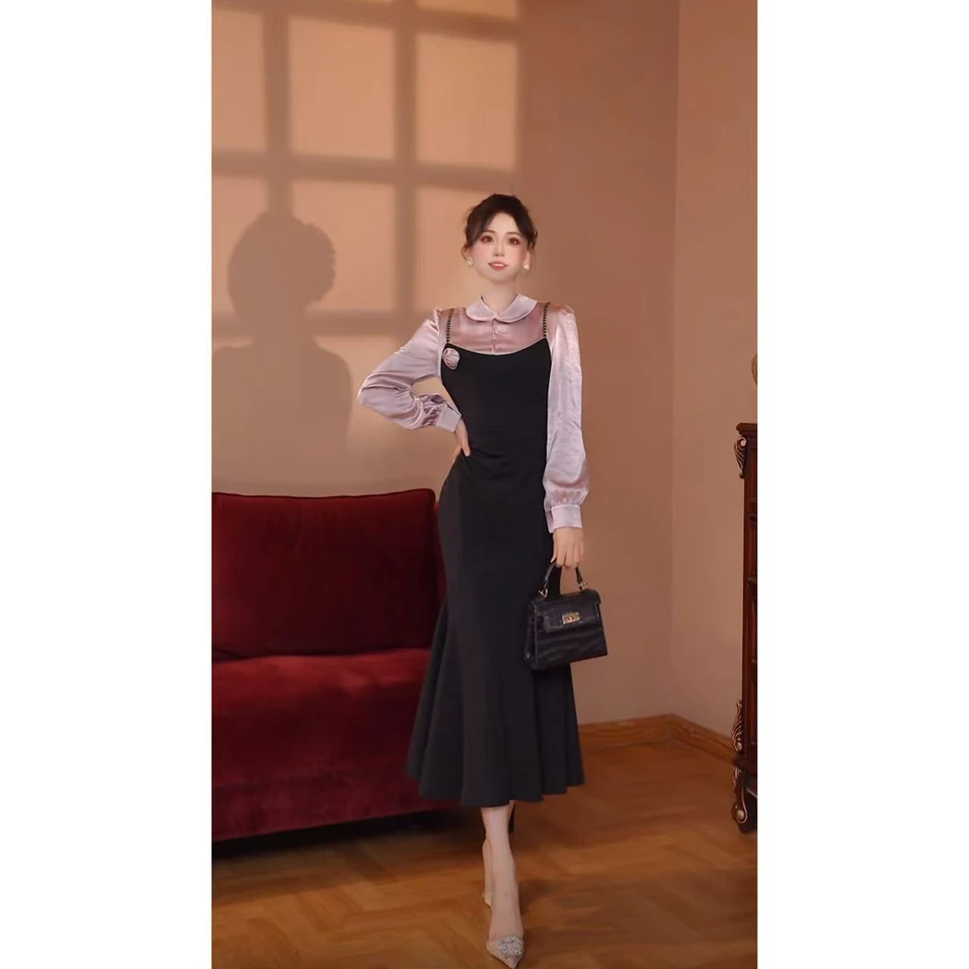 【瑞瑞定制】侧拉新款法式假两件连衣裙女秋冬千金礼服裙子D4629