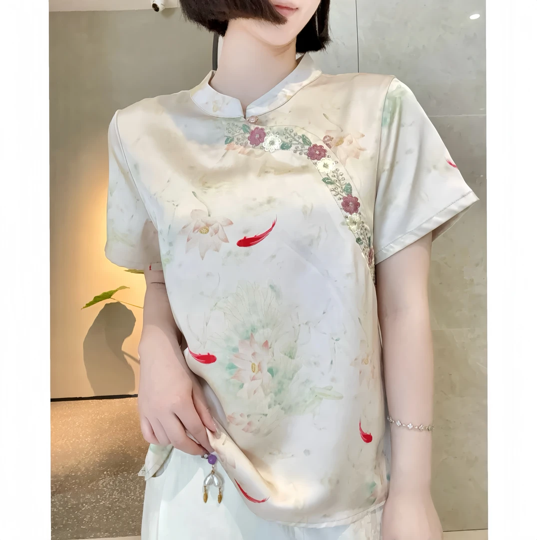 【逸饮仙】新中式斜襟显瘦夏老料刺绣重工薄款透气精致气质女T恤