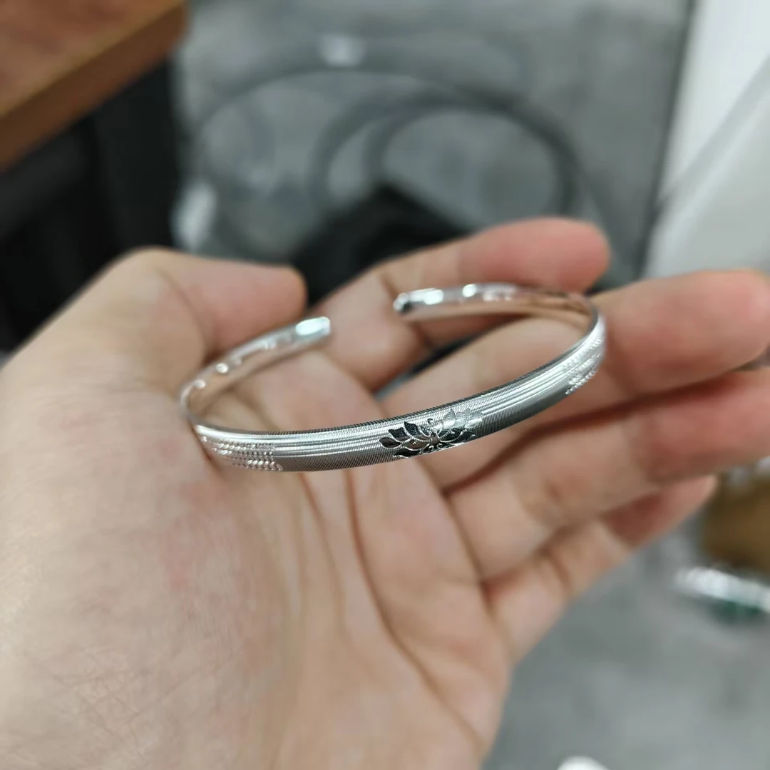 九乐 足银手镯 999车花星辰莲花开口手镯