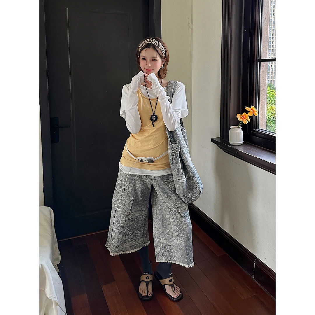 REREK 设计师 25早秋新品复古感腰果花毛边多口袋休闲牛仔八分裤