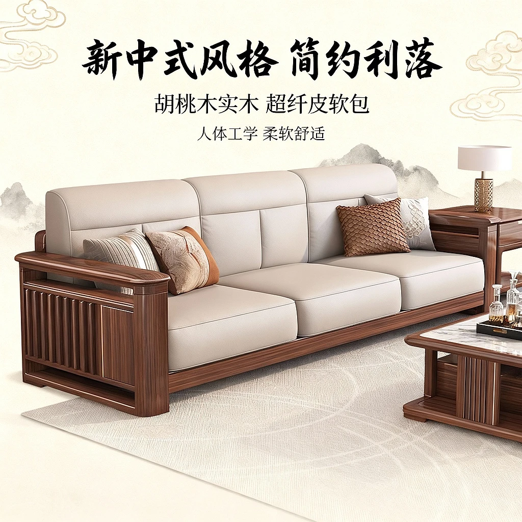 新中式实木沙发胡桃木客厅大别墅科技布现代中式贵妃转角简约沙发