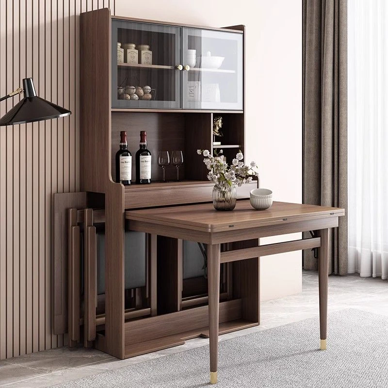 新中式客厅北欧家用折叠餐桌餐边柜一体简约现代轻奢靠墙可伸缩