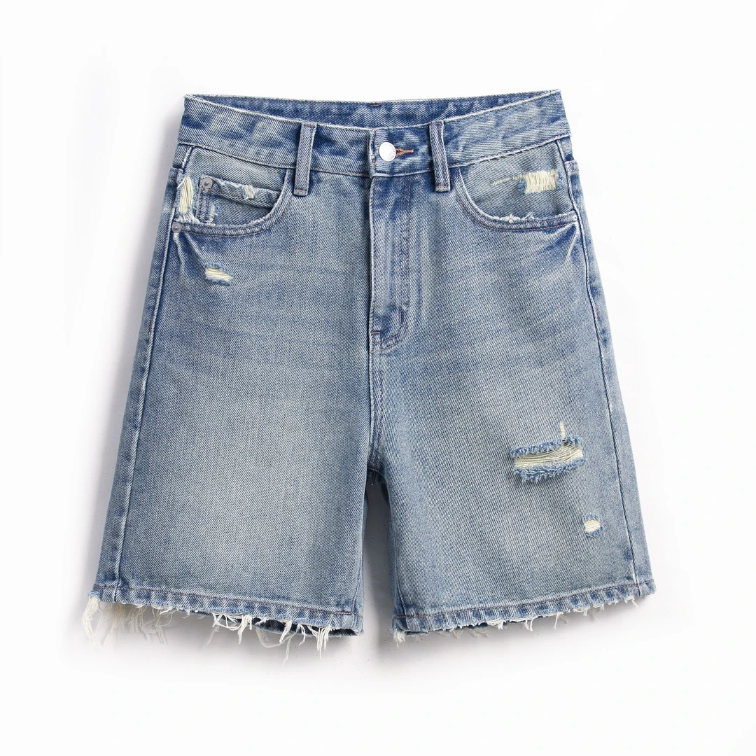 2025春夏新款浅蓝牛仔短裤女士百搭潮流水洗薄款毛边中腰破洞五分