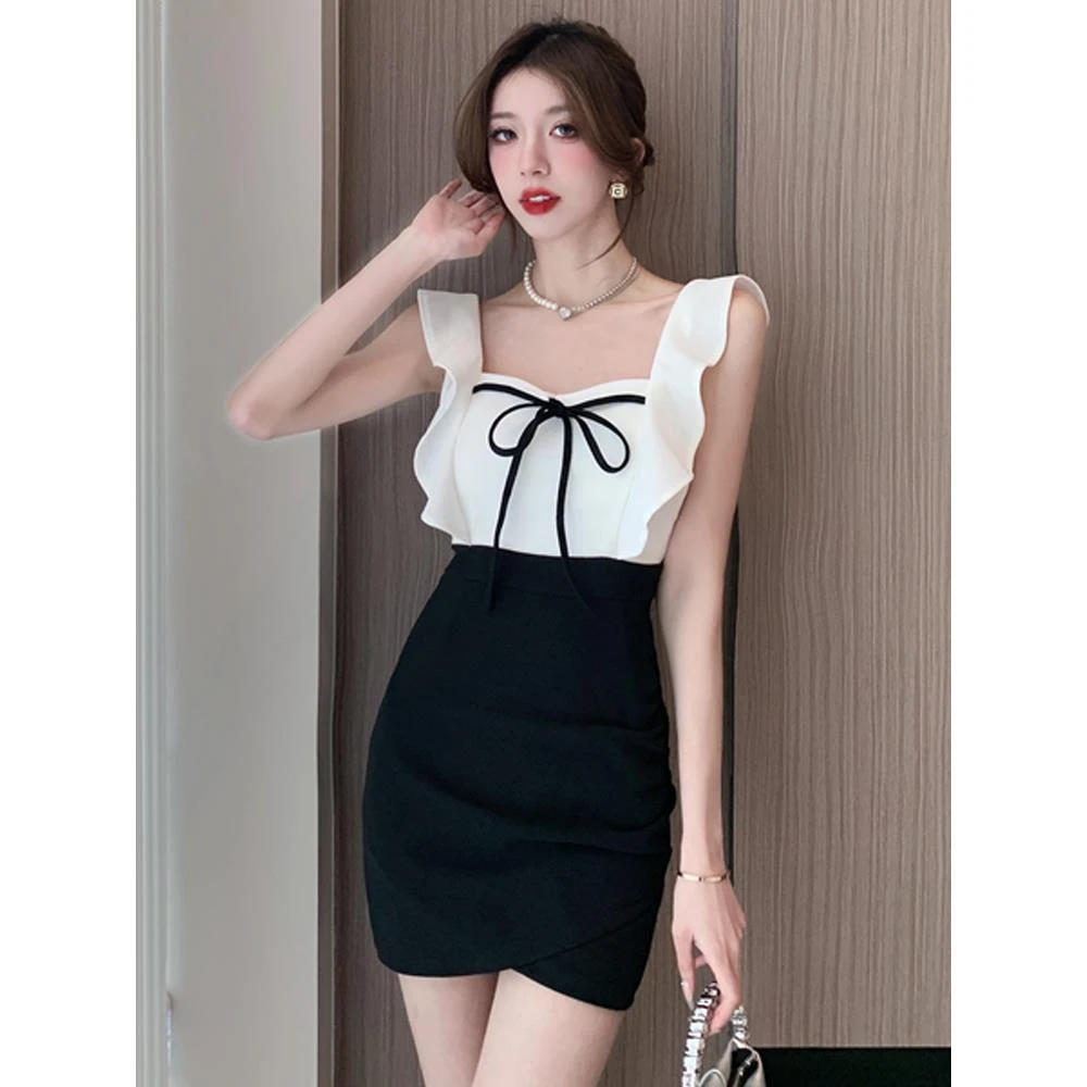 炸街御姐气质吊带连衣裙女夏季荷叶边假两件短裙不规则撞色包臀裙