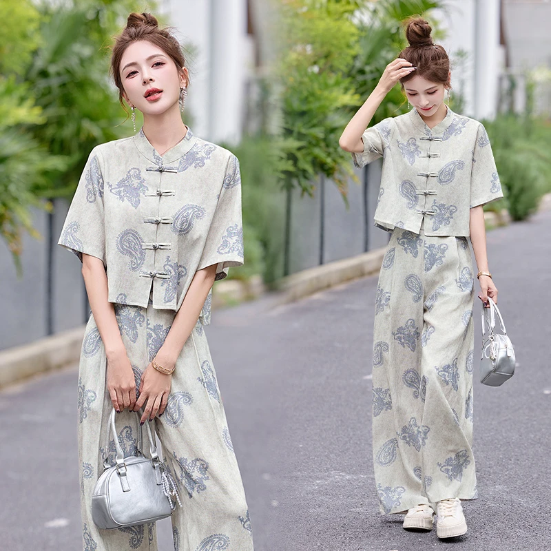 新中式国风印花套装女2025夏季新款复古盘扣休闲时尚阔腿裤两件套