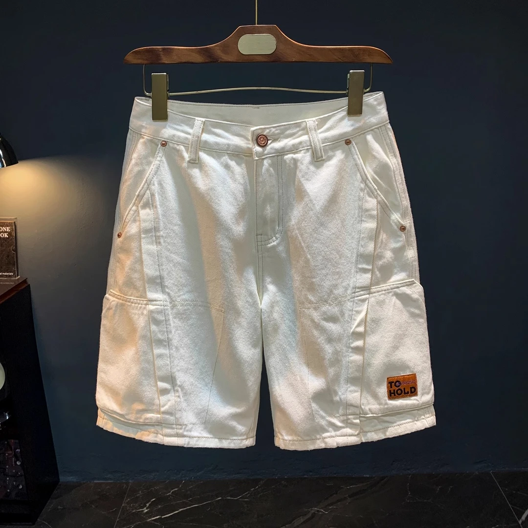 法国Cebrodz大码纯棉男士牛仔短裤无弹中腰夏季薄款工装五分裤