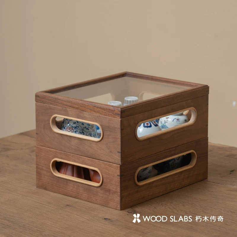 听雨双层玻璃展示柜北美原木中式茶具桌面收纳盒