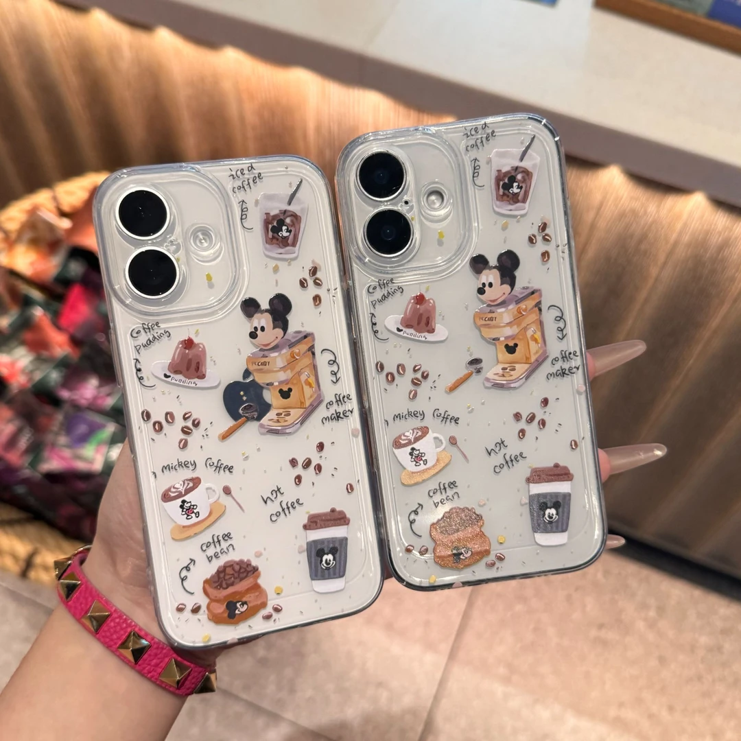 布丁米奇咖啡适用苹果16promax手机壳15太空壳小米华为防摔14