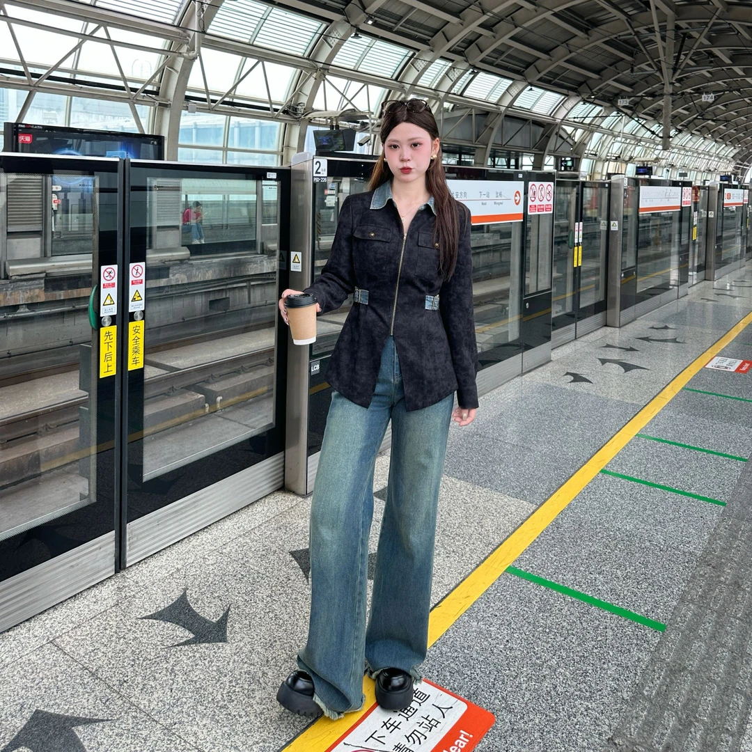 敏敏&南岛风大码时尚休闲套装女秋胖mm显瘦长袖上衣牛仔裤ZZM176