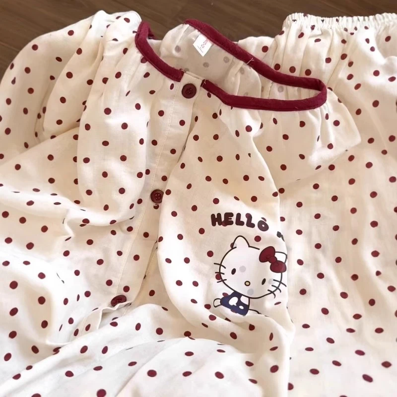 简约洋气波点凯蒂猫印花圆领睡衣女春秋季宽松甜美少女家居服套装