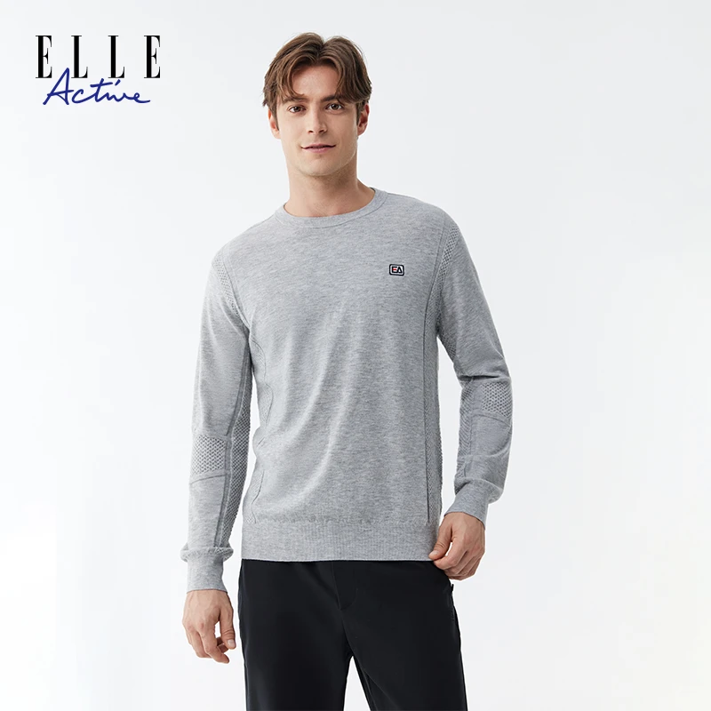 ELLE Active舒适圆领毛衣男士拼接套头毛衫运动休闲简约长袖上衣