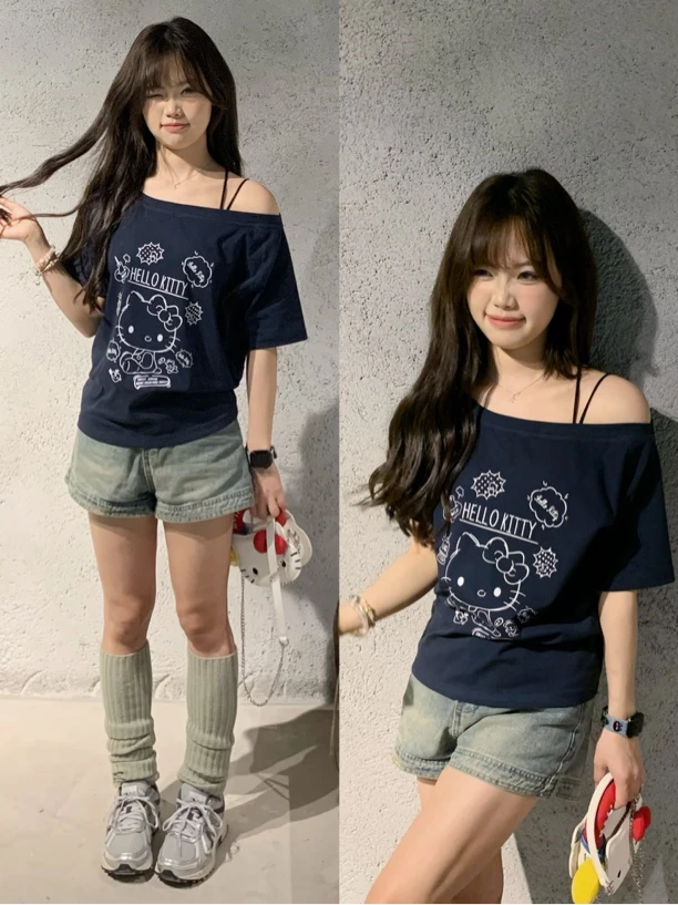 【咕噜泡泡】原创自制韩系ins风斜肩露肩小上衣T恤宽松显瘦辣妹短袖