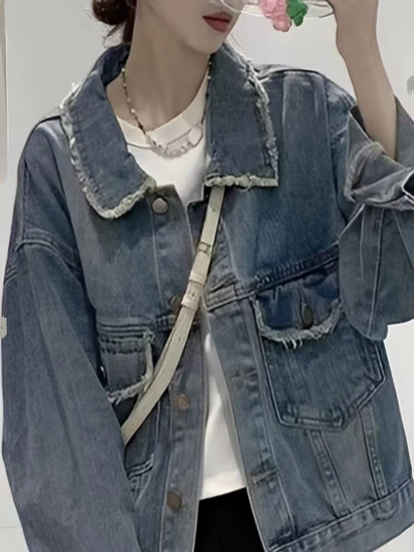 2154短外套女短款包袖长袖水洗拼接牛仔衣显瘦上衣