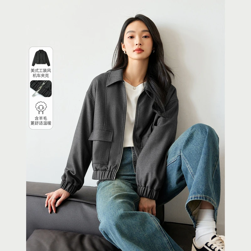 *复古双拉链设计短款翻领外套女2025新款美式宽松上衣M8686