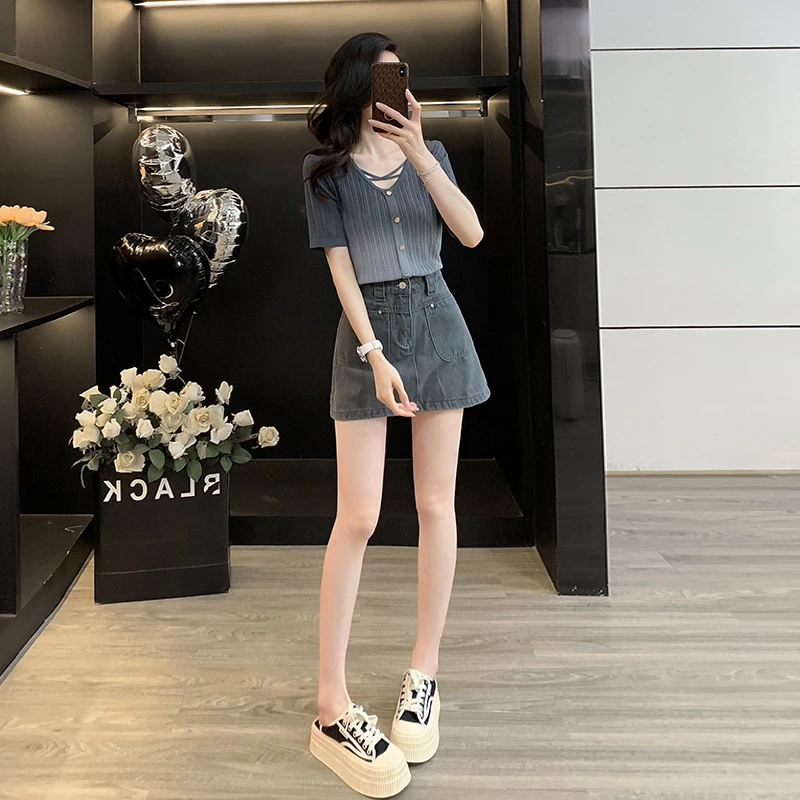 洋气减龄休闲套装女夏新款学院风气质渐变针织短袖牛仔短裙两件套