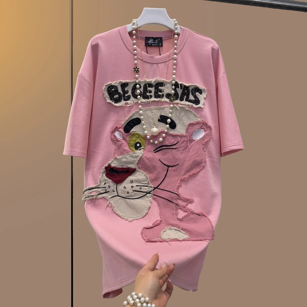 大码女装胖妹妹圆领卡通动漫短袖T恤设计感夏装时尚减龄