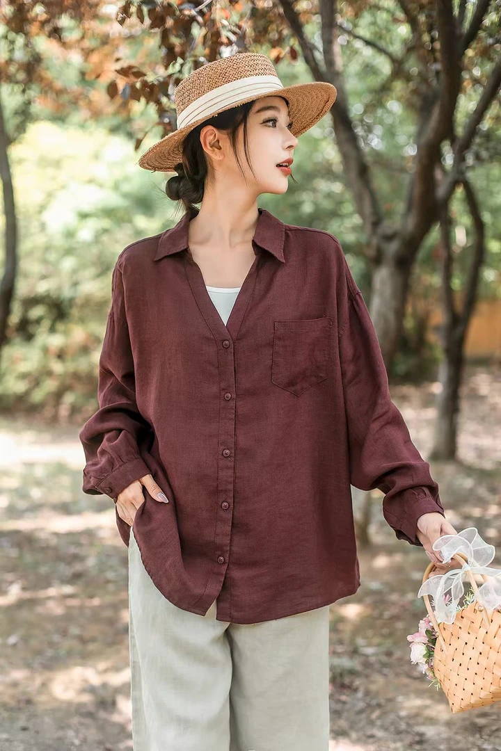 2025秋季长袖中长款通勤成人纯亚麻显瘦宽松衬衫百搭文艺时尚9008